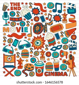 Movie, cinema set. Pattern doodle background with vector icons. Video TV.