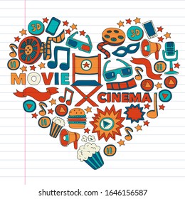 Movie, cinema set. Pattern doodle background with vector icons. Video TV.