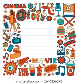 Movie, cinema set. Pattern doodle background with vector icons. Video TV.