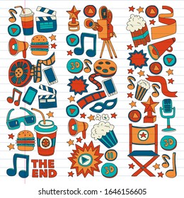 Película, cine. Fondo del doodle de patrón con iconos vectoriales. Video TV.