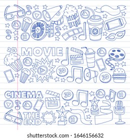 Movie, cinema set. Pattern doodle background with vector icons. Video TV.