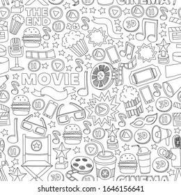 Movie, cinema set. Pattern doodle background with vector icons. Video TV.