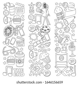 Movie, cinema set. Pattern doodle background with vector icons. Video TV.