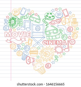 Film, Kinoset. Muster, doodle Hintergrund mit Vektorsymbol. Video-TV.