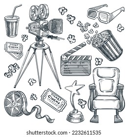 Movie and cinema theater hand drawn vector sketch illustration. Multimedia maker equipment isolated on white background. Video and film production doodle design elements