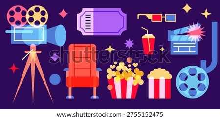 Movie and cinema theater vector flat transparent geometric icons set. Video and film illustration. Multimedia neon colors design elements on black background