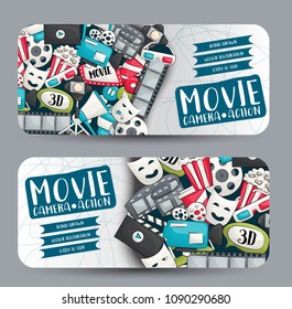 Movie cinema theme. Horizontal banner template set.  Modern hand drawn doodle design. Vector illustrator.