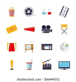 Movie and cinema themed isolated icons vector set. Collection of 16 flat design color symbols isolated on white background