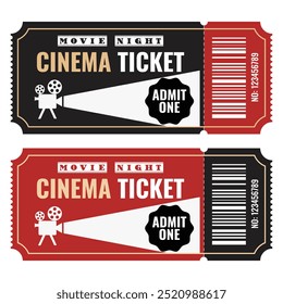 Movie Cinema Tickets in black and red bacground in vector style. Tickets for cinema, music show, theatre box or film 