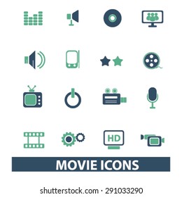 movie, cinema, tv isolated icons, signs, illustrations on white background for website, internet, mobile application, vector