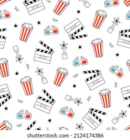 Movie, cinema vector pattern. Doodle hand drawn sketch style movie seamless pattern. Cinema elements for media production, festival, theater background. Vector illustration.