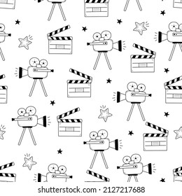 Movie, cinema vector pattern. Doodle hand drawn sketch style movie seamless pattern. Cinema elements for media production, festival, theater background. Vector illustration.