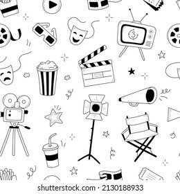 Movie, cinema vector pattern. Doodle hand drawn sketch style movie seamless pattern. Cinema elements for media production, festival, theater background. Vector illustration.