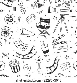 Movie, cinema vector pattern. Doodle hand drawn sketch style movie seamless pattern. Cinema elements for media production, festival, theater background. Vector illustration.