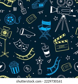 Película, patrón vectorial de cine. Dibujo a mano Doodle estilo película patrón sin fisuras. Elementos cinematográficos para la producción de medios, festival, antecedentes teatrales. Ilustración vectorial.