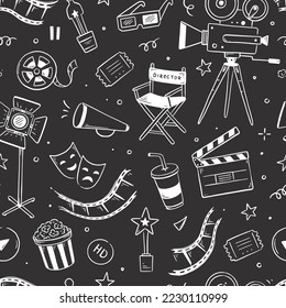 Película, patrón vectorial de cine. Dibujo a mano Doodle estilo película patrón sin fisuras. Elementos cinematográficos para la producción de medios, festival, antecedentes teatrales. Ilustración vectorial.