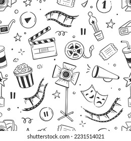 Movie, cinema vector pattern. Doodle hand drawn sketch style movie seamless pattern. Cinema elements for media production, festival, theater background. Vector illustration.