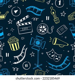 Movie, cinema vector pattern. Doodle hand drawn sketch style movie seamless pattern. Cinema elements for media production, festival, theater background. Vector illustration.