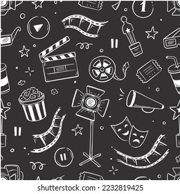 Movie, cinema vector pattern. Doodle hand drawn sketch style movie seamless pattern. Cinema elements for media production, festival, theater background. Vector illustration.