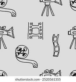 Movie, cinema vector pattern. Doodle hand drawn sketch style movie seamless pattern. Cinema elements for media production, festival background. Vector illustration.