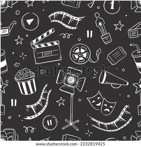 Movie, cinema vector pattern. Doodle hand drawn sketch style movie seamless pattern. Cinema elements for media production, festival, theater background. Vector illustration.