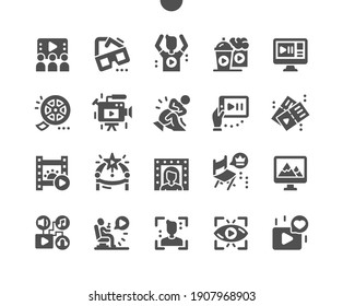 Movie. Cinema. Watching movie on a computer and phone. 3D glasses. Film camera and bobbin. Movie tickets. Film award. Viewer. Vector Solid Icons. Simple Pictogram