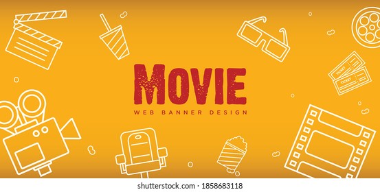 Movie Cinema web banner design for entertainment concept with popcorn, film projector, tickets and coffee cup line vector illustration Horizontal.