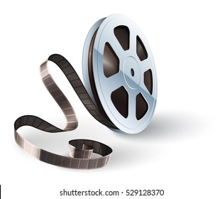 Movie cinematography video film disk with tape isolated for classic vintage cinema theatre. Vector illustration. On white background