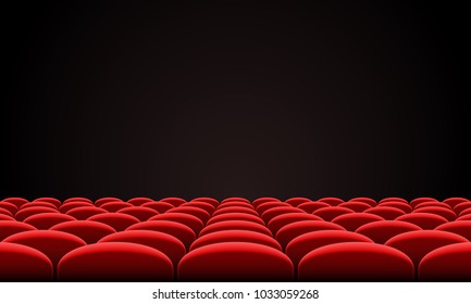 Movie citema seat hall interior. Vector theatre red seat chair in conference auditorium room. Row cinema red seat illustration on black screen background