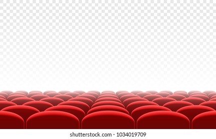 Movie citema seat hall interior. Vector theatre red seat chair in conference auditorium room. Row cinema red seat illustration on transparent white background