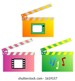 Movie clapboard with cinema, television and music icons