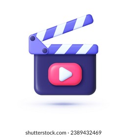 Movie clapper 3d on white background. Clapperboard sign. Film clapper board. Opened Dumb Slate. Concept of Movie, Startup or Beginning. Vector illustration