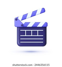 Movie clapper 3d on white background. Movie and cinema industry. Entertainment and filmmaking studio board. Vector illustration