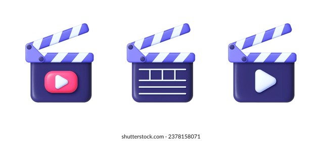 Movie clapper 3d set on white background. Movie and cinema industry. Entertainment and filmmaking studio board. Vector illustration