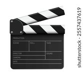 Movie clapper, Black and white movie slate isolated clipart on white background. Cinematography and filmmaking equipment. Film clapper design element, vector illustration