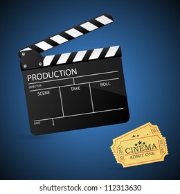 Movie clapper board and admit one ticket. Vector illustration.