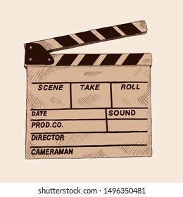 Movie clapper board for cinema. Pencil drawing on a beige background.