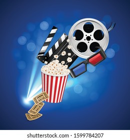 Movie Clapper Board, Cinema Ticket, Popcorn in the Striped Bag, Film Reel and 3d Glasses Over Blue Background with Light Effects. Cinematography Movie Festival Concept