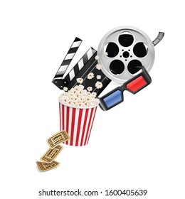 Movie Clapper Board, Cinema Ticket, Popcorn in the Striped Bag, Film Reel and 3d Glasses Over White Background. Cinematography Movie Festival Concept