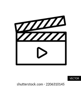 Movie clapper board, Film clapperboard, Clacket, Video player vector icon in line style design for website, app, UI, isolated on white background. Editable stroke. EPS 10 vector illustration.