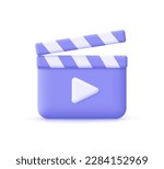 Movie clapper board, film slate with play button. Film industry, filmmaking and video production  concept. 3d vector icon. Cartoon minimal style.