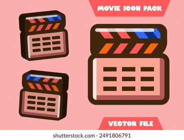 Movie Clapper Board, Film Slate Icon. Film industry, filmmaking and video production concept. 3d vector icon pack. Cartoon minimal style.