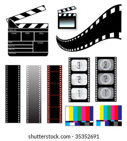 Movie clapper board and filmstrip