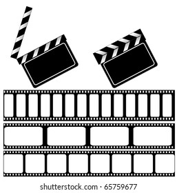 Movie clapper board and filmstrip vector illustration for your design. isolated on white