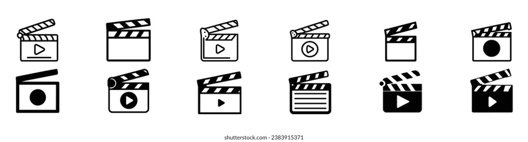 Movie clapper board icon, Clapper board icon with button player in flat style. Clapperboard Vector Illustration. Movie Film clapper board. Filmmaking or video playing icon, video player button.