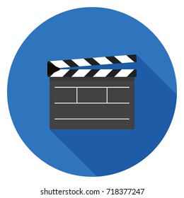 Movie clapper board icon. Illustration in flat style. Round icon with long shadow.