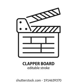 Movie clapper board line vector icon. Symbol of cinema. Sign of filmmaking in the form of a clapboard. Editable stroke.