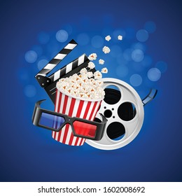 Movie Clapper Board, Popcorn in the Striped Bag, Film Reel and 3d Glasses Over Blue Background with Bokeh Light Effects. Cinematography Movie Festival Concept