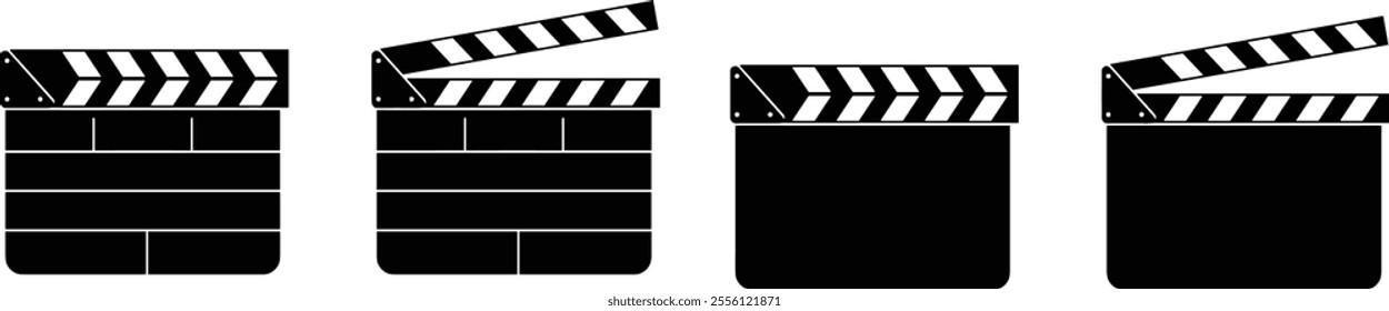 Movie clapper board set. Clapboards open and closed. Movie, cinema, film symbol concept. Director clapboard. Filmmaking, video production industry equipment. Ready camera action, Vector illustration