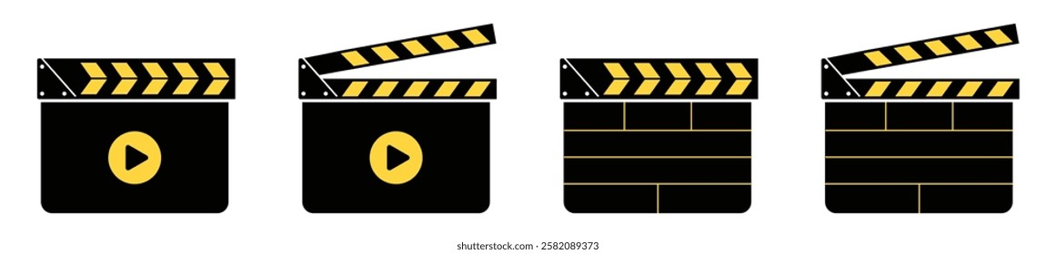 Movie clapper board set. Clapper board icon set. Clapboards open and closed. Movie, cinema, film symbol. Director clapboard, Ready camera action. clapboard vector icons collection. vector.